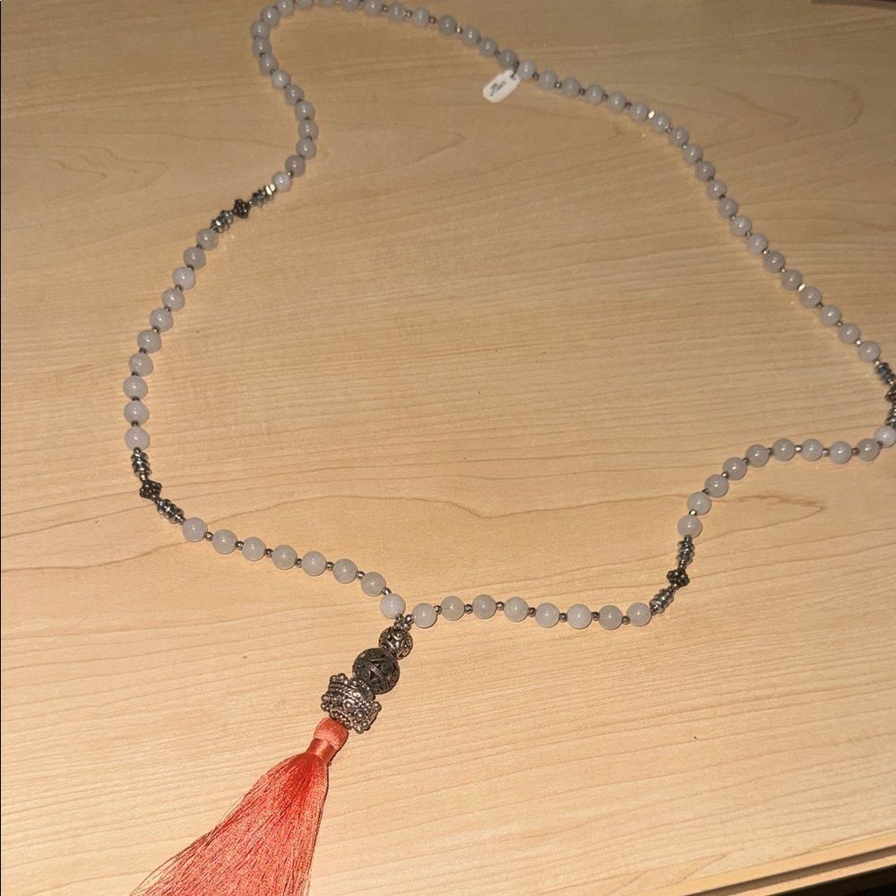 VINTAGE Hand Beaded Necklace Pink Tassle Long Necklace NEW Silver Accents